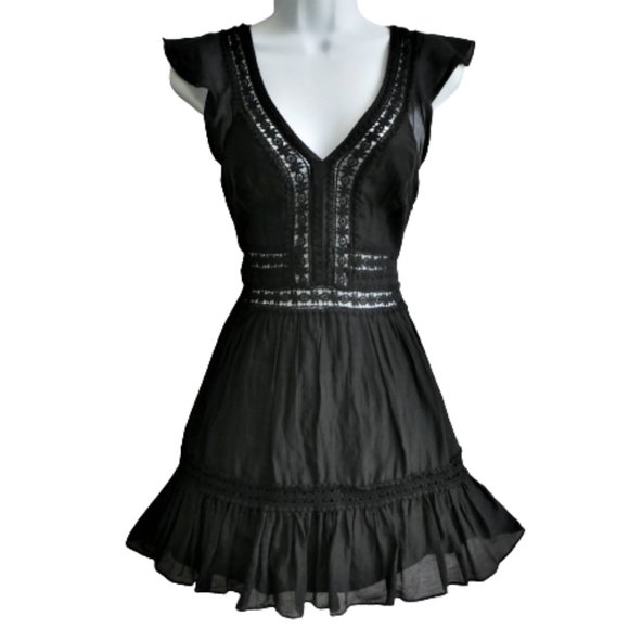 Bebe LBD Dress SiLK Cotton Lace Inset Tiered Ruffles Flutter Sleeves Zip Back 0 - Picture 1 of 9